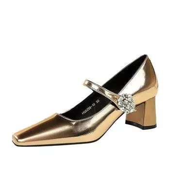 Женские туфли для банкета на толстом каблуке средней высоты 5 см с неглубокой квадратной головкой, легкие роскошные туфли со стразами и пряжкой DS-5288-K88 34 шампанского