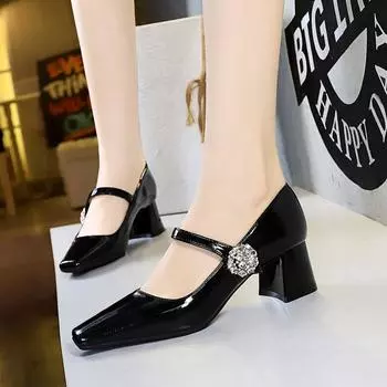 Женские туфли для банкета на толстом каблуке, средний каблук, неглубокий носок, квадратный носок, легкая роскошная пряжка со стразами, ремень с одним словом, одиночные туфли для женщин 34 шампанского