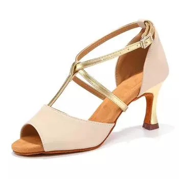 Женские туфли для латиноамериканских танцев, туфли для бальных танцев, туфли для сальса-вечеринок, квадратные туфли, высокий каблук 7 см 34 бежевый