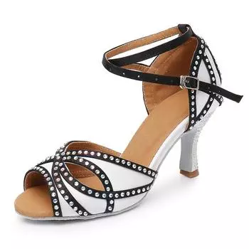 Женские туфли для латинских танцев DILEECHI, черно-белые атласные туфли для сальсы со стразами, туфли для бальных танцев, мягкая подошва на каблуке 75 мм 36