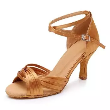 Женские туфли для латинских танцев DILEECHI, классические туфли для бальных танцев с десятью ремнями, бронзовые шелковые атласные туфли для сальсы, каблук 75 мм 37 бронзовый