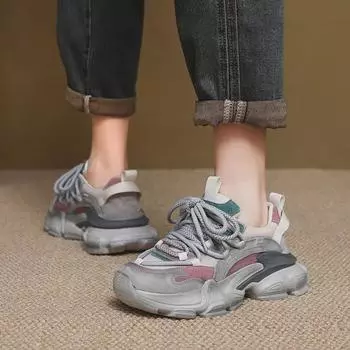 Женские туфли для папы из натуральной кожи на толстой подошве 2024 года: Новые универсальные повседневные спортивные кроссовки в цветовой гамме на осень 37 розовый/зелёный