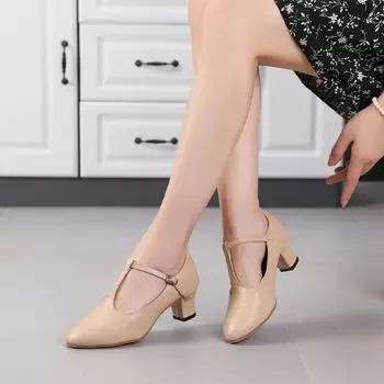 Женские туфли для современных танцев из искусственной кожи с Т-образным ремешком и острым носком, на среднем каблуке, с мягкой подошвой, танцевальная обувь для женщин, латинские, каблук 2 дюйма 34 коричневый