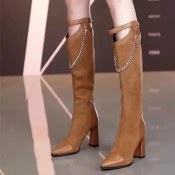 Женские туфли до колена с голенищем на среднем каблуке с цепочкой и острым носком. Женские длинные сапоги. Весна-Осень. Удобные и элегантные. Качественная распродажа. 34