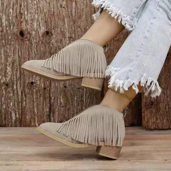 Женские туфли европейского и американского производства с кисточками и неглубоким носком 2024 года, осенние ботинки на среднем каблуке с острым носком и неглубоким носком 35 темно-коричневого