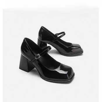 Женские туфли французские туфли Мэри Джейн новые маленькие кожаные туфли женские толстые каблуки квадратная головка высокие каблуки женские 34 чёрный