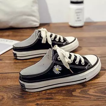 Женские туфли Harajuku Low-Top Canvas - Летний дизайн с хризантемами, повседневные слипоны T00 35 белый
