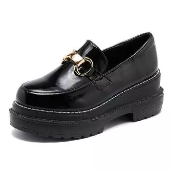 Женские туфли из бисквита на толстой подошве. Весна 2024 года. Новые универсальные туфли из лакированной кожи с глубоким вырезом на наклонном каблуке, туфли для ленивости, британский стиль HZB 34 чёрный