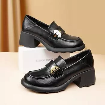 Женские туфли из искусственной кожи на массивном блочном каблуке, пенни-лоферы, нескользящая платформа, квадратный закрытый носок, удобные рабочие туфли-лодочки для повседневного делового стиля, женские туфли 34 чёрный