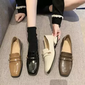 Женские туфли из искусственной кожи с квадратным носком и низким каблуком в британском стиле, весна-осень, новые повседневные туфли-лодочки без застежек на каблуках для работы 35 чёрный
