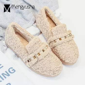 Женские туфли из кашемира и меха с заклепками и металлической пряжкой на ремне, зимние хлопковые туфли, женские удобные плюшевые мокасины из пушистой овечьей шерсти, женские 5 абрикосовый