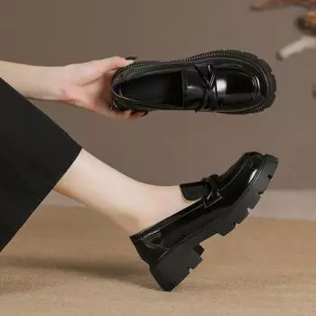 Женские туфли из коровьей кожи Pingti, черные, ретро, маленькие кожаные туфли на платформе, мокасины Huizhou Yuexinwang 34 чёрный