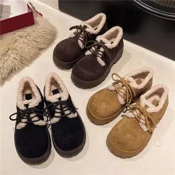 Женские туфли из кожи и бархата, зимние, на платформе, со шнуровкой, бархатные, теплые, универсальные, с большим носком, зимние ботинки, хлопковые туфли, туфли Martin 35 чёрный