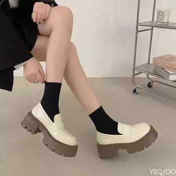 Женские туфли из кожи на толстой подошве. Модные универсальные мокасины. Черные туфли на высоком каблуке в стиле ретро. Модные элегантные женские туфли-лодочки. Mujer Zapatos. 35