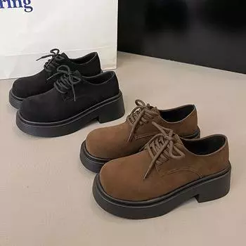 Женские туфли из кожи в британском стиле, осенние туфли 2024 года с круглым носком, на шнуровке, на платформе, с большим носком, в стиле ретро, универсальные лоферы на толстом каблуке 35 коричневый