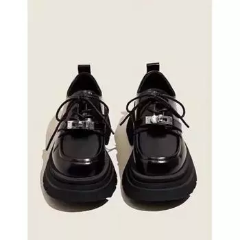 Женские туфли из лакированной кожи 2024 года в британском стиле с замком-защелкой, черные мокасины на платформе, толстая подошва, нескользящие мокасины, модные на низком каблуке 35 чёрный