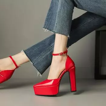 Женские туфли из лакированной кожи на массивных супер-высоких каблуках, красные туфли-лодочки для женщин, сандалии с пряжкой на щиколотке 34