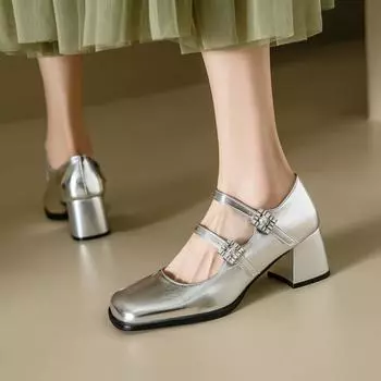 Женские туфли из лакированной кожи с двумя пряжками, серебристые, на блочном каблуке, с квадратным носком, для женщин, большие размеры 45 46 33