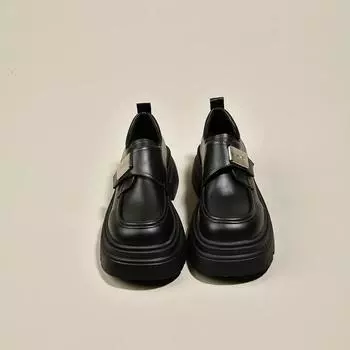 Женские туфли из маленькой кожи на толстой подошве «бисквит», Новинка 2024, Весна, Черный толстый каблук, Ретро, Лоферы в британском стиле, Одинарные туфли 35 чёрный