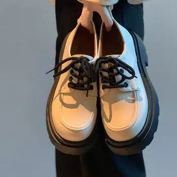 Женские туфли из мягкой кожи на толстой подошве, британский стиль, весна-осень, новый стиль, белые туфли с круглым носком, подходящие друг другу в японском стиле, тонкие туфли 35