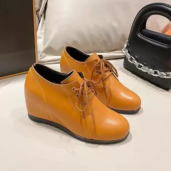 Женские туфли из мягкой кожи Весенние туфли для мам с низким вырезом Туфли-лодочки Универсальные туфли с круглым носком Мягкие кожаные туфли на танкетке со шнуровкой Маленькие кожаные туфли 35 чёрный