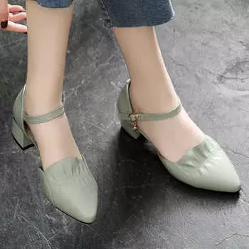 Женские туфли из мягкой кожи, весенние туфли на среднем каблуке, летние сандалии, острый носок, ремешок с пряжкой на щиколотке, женская обувь, зеленый цвет, Прямая поставка 35 бежевый