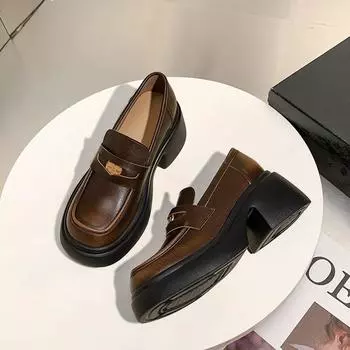 Женские туфли из натуральной кожи на высоком каблуке на платформе, черные универсальные лоферы на массивном каблуке 34 чёрный