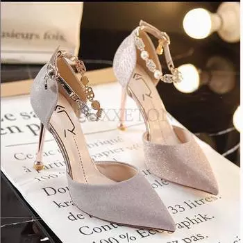 Женские туфли из натуральной кожи на высоком каблуке с тонким острым носком, элегантные, с блестками и жемчугом, для торжественных случаев и банкета 34 Standard Code серебряный