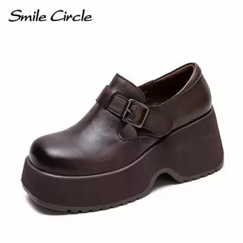 Женские туфли из натуральной кожи на плоской подошве с круглым носком и пряжкой, модная удобная повседневная обувь 34 коричневый
