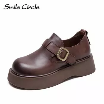 Женские туфли из натуральной кожи на плоской подошве с высокой пряжкой, модные удобные повседневные туфли 35 коричневый