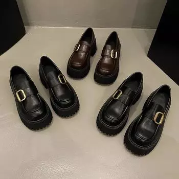 Женские туфли из натуральной кожи в британском стиле 2024 года, новые туфли на толстом каблуке, платформе, с пряжкой на ремне и юбкой 35 чёрный