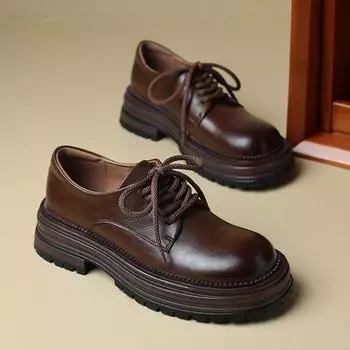 Женские туфли из натуральной воловьей кожи толщиной 4,5 см с внутренней стороны, увеличивающие высоту, модные весенние туфли в стиле преппи со шнуровкой, кожаные туфли 34-39 34 чёрный