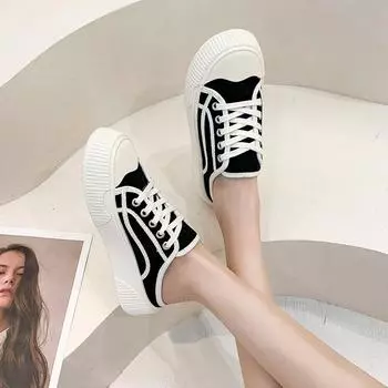 Женские туфли из парусины с полуперетаскиванием 2024 года, лето, новая корейская версия, студенческая сумка, без каблука, ленивые туфли с одной педалью 35 чёрный