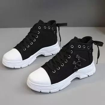 Женские туфли из парусины с высоким верхом для весны и лета, дышащая толстая подошва, повседневная обувь, увеличивающая рост, ботинки Martin, спортивная обувь 44 чёрный