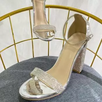 Женские туфли из ПВХ с прозрачными стразами, босоножки с ремешком на щиколотке, толстые высокие каблуки, сексуальные туфли для ночного клуба, вечеринки, выпускного вечера, свадьбы 35
