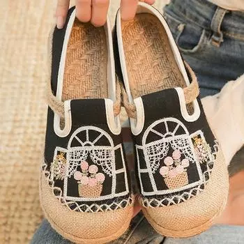 Женские туфли из ткани с круглым носком и вышивкой в стиле пэчворк, низкие плетеные туфли из парусины без застежек 35