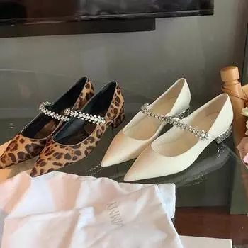 Женские туфли Элегантные маленькие остроконечные блестящие бриллиантовые туфли-лодочки с леопардовым принтом Туфли на толстом каблуке Mary Jane 35 чёрный