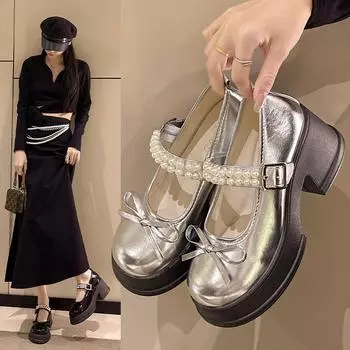 Женские туфли Элегантный каблук Серебряный круглый носок Туфли Мэри Джейн на толстой подошве Весна Осень Новые милые банты Небольшие жемчужины пояс Лоферы 35