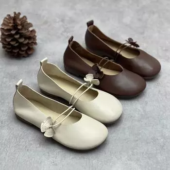 Женские туфли Johnature Handmade из натуральной кожи с мягкой подошвой, универсальные, с цветочным принтом, в стиле ретро, с круглым носком, на плоской подошве 40 бежевый