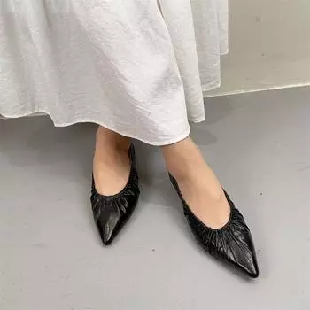 Женские туфли Johnature из морщинистой коровьей кожи с острым носком Temperament, универсальные туфли на плоской подошве из натуральной кожи 35 чёрный