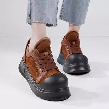 Женские туфли Johnature из натуральной кожи с круглым носком и толстой подошвой, универсальные, на шнуровке, на плоской платформе