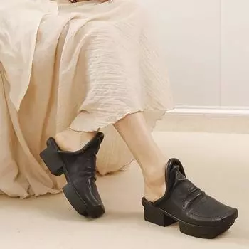 Женские туфли Johnature из натуральной кожи на среднем каблуке, модные тапочки с квадратным носком 35 чёрный