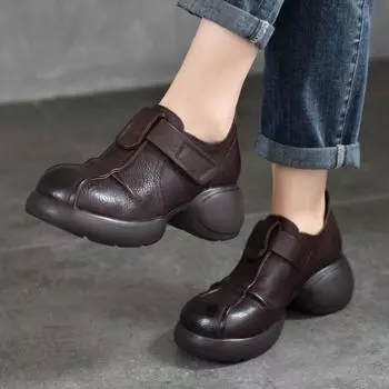 Женские туфли Johnature на толстой подошве из натуральной кожи в стиле ретро с круглым носком, однотонные туфли ручной работы на платформе 37 коричневый