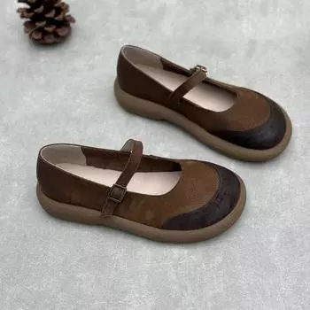 Женские туфли Johnature Retro Handmade из натуральной кожи с круглым носком и неглубокой подошвой из мягкой коровьей кожи 35 хаки