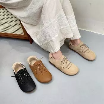 Женские туфли Johnature с круглым носком в стиле ретро из натуральной кожи с плюшевой отделкой, теплые повседневные туфли без застежек 39 абрикосовый