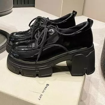 Женские туфли Lefu весна-осень с увеличением высоты менее 8 см, лакированные черные женские туфли на толстой подошве 35