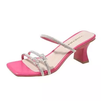 Женские туфли летние новые квадратные головки со стразами пряжка изящные со словом высокие каблуки модные темпераментные тапочки 35