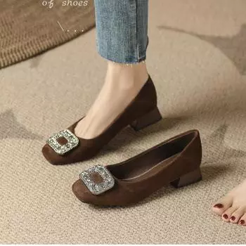 Женские туфли-лодочки 2024 года, новые женские туфли на высоком каблуке с квадратным носком, замшевые, со стразами, пряжкой, без застежек, модные свадебные туфли, женская обувь для работы 33