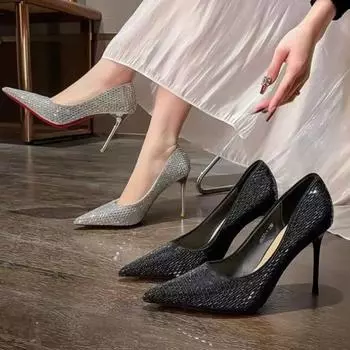 Женские туфли-лодочки 2024 года, роскошные блестящие туфли со стразами на тонком высоком каблуке, женские туфли-лодочки для невесты, белые, серебристые, на каблуках, свадебные туфли Золушки с кристаллами 35 чёрный