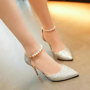 Женские туфли-лодочки 2024 Весна Лето Остроконечные римские сандалии Word With Sheettto High Heels Модные свадебные туфли на высоком каблуке с пайетками 35 чёрный